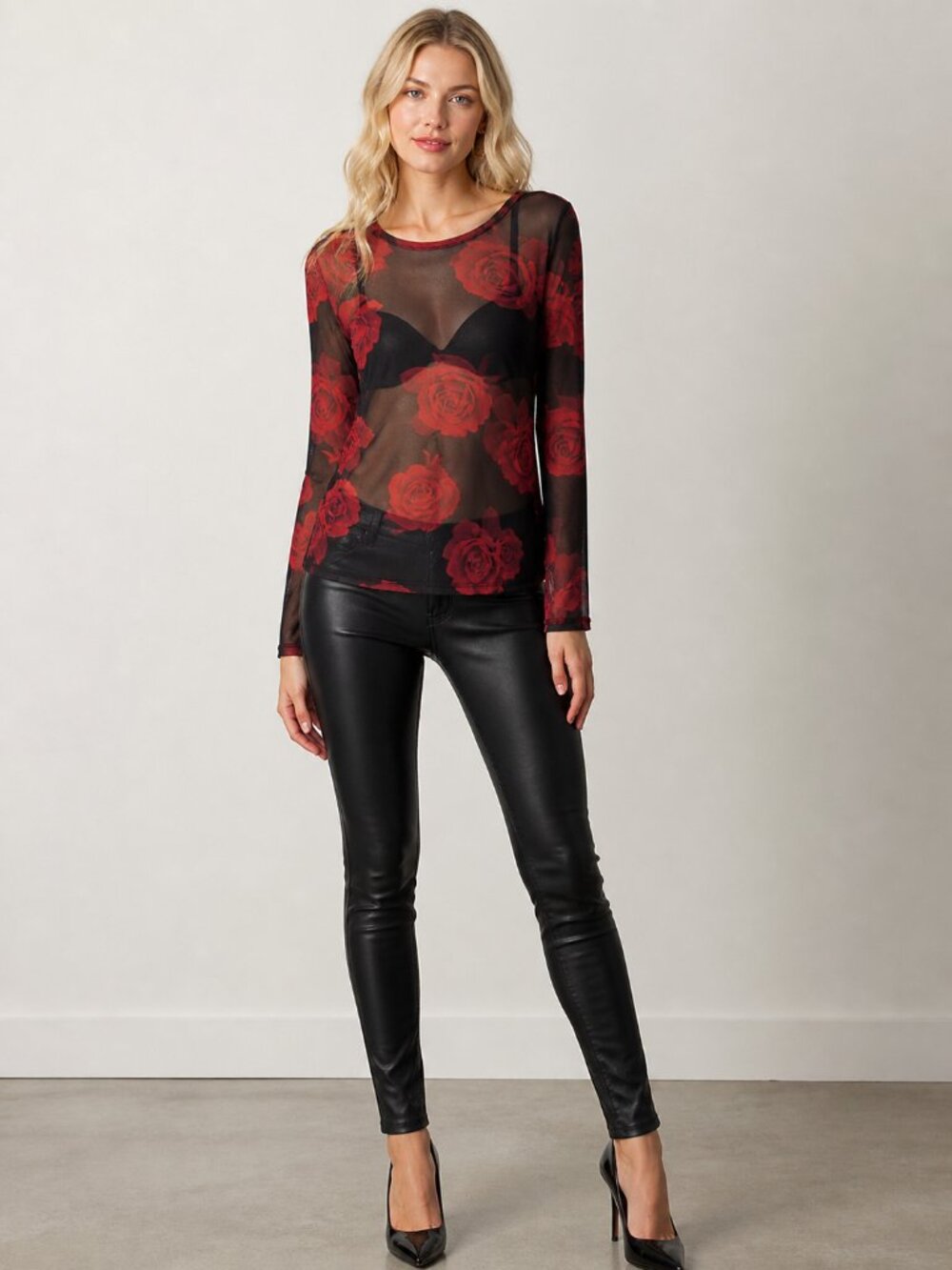 Express Mesh Sheer Rose Crew Neck Long Sleeve Tee L